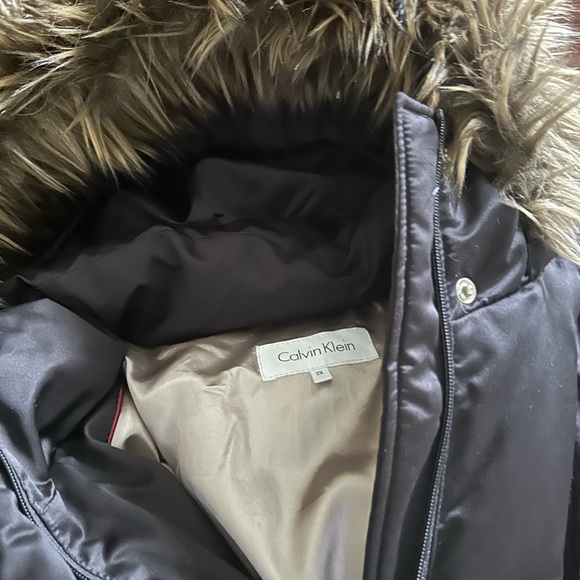 Calvin Klein Brown Puffer Long Coat with Faux Fur Hood - Picture 2 of 6